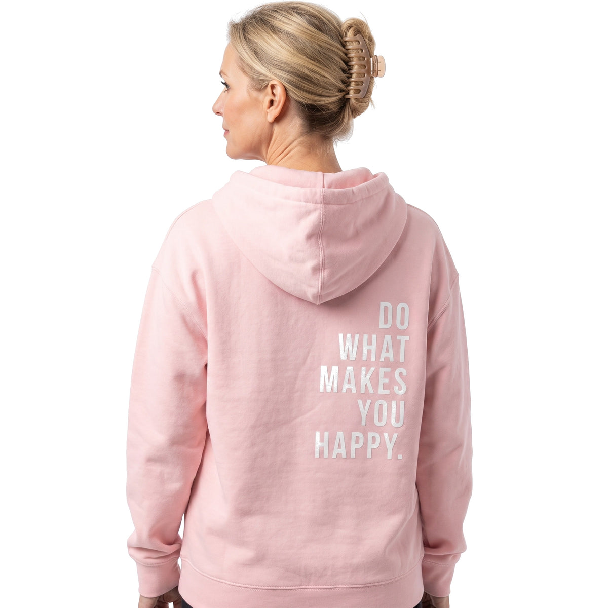 Opal-Renata women's oversized pink graphic hoodie with white DO WHAT MAKES YOU HAPPY back print