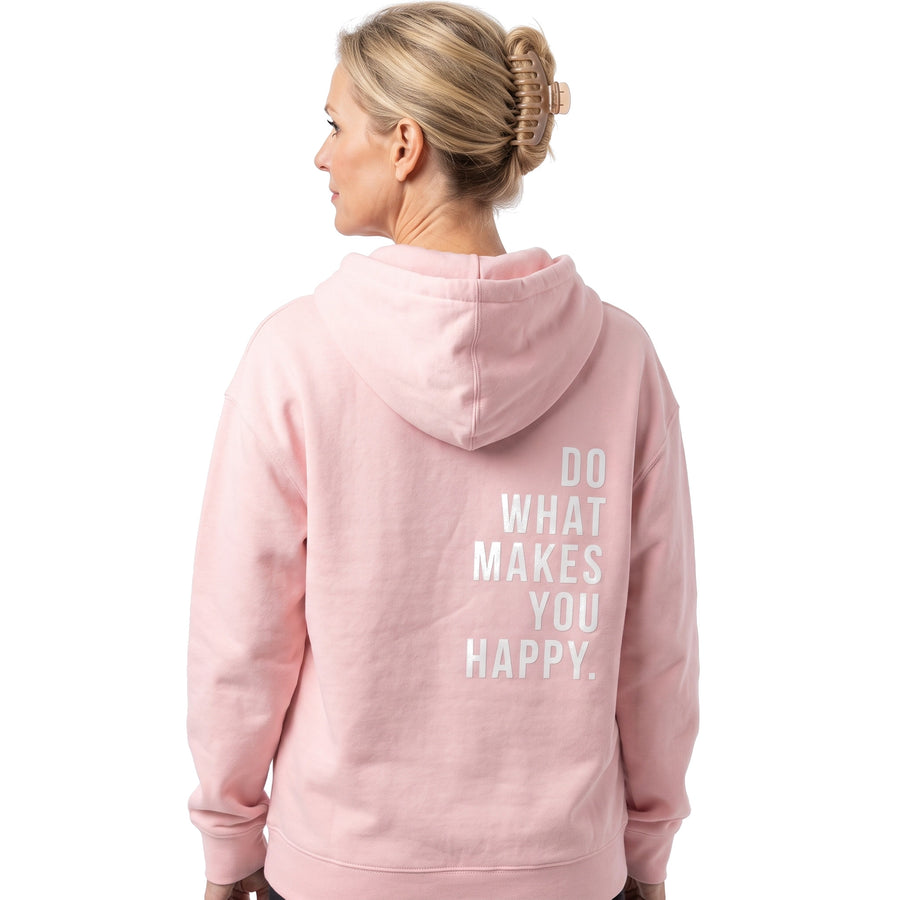 Opal-Renata women's oversized pink graphic hoodie with white DO WHAT MAKES YOU HAPPY back print