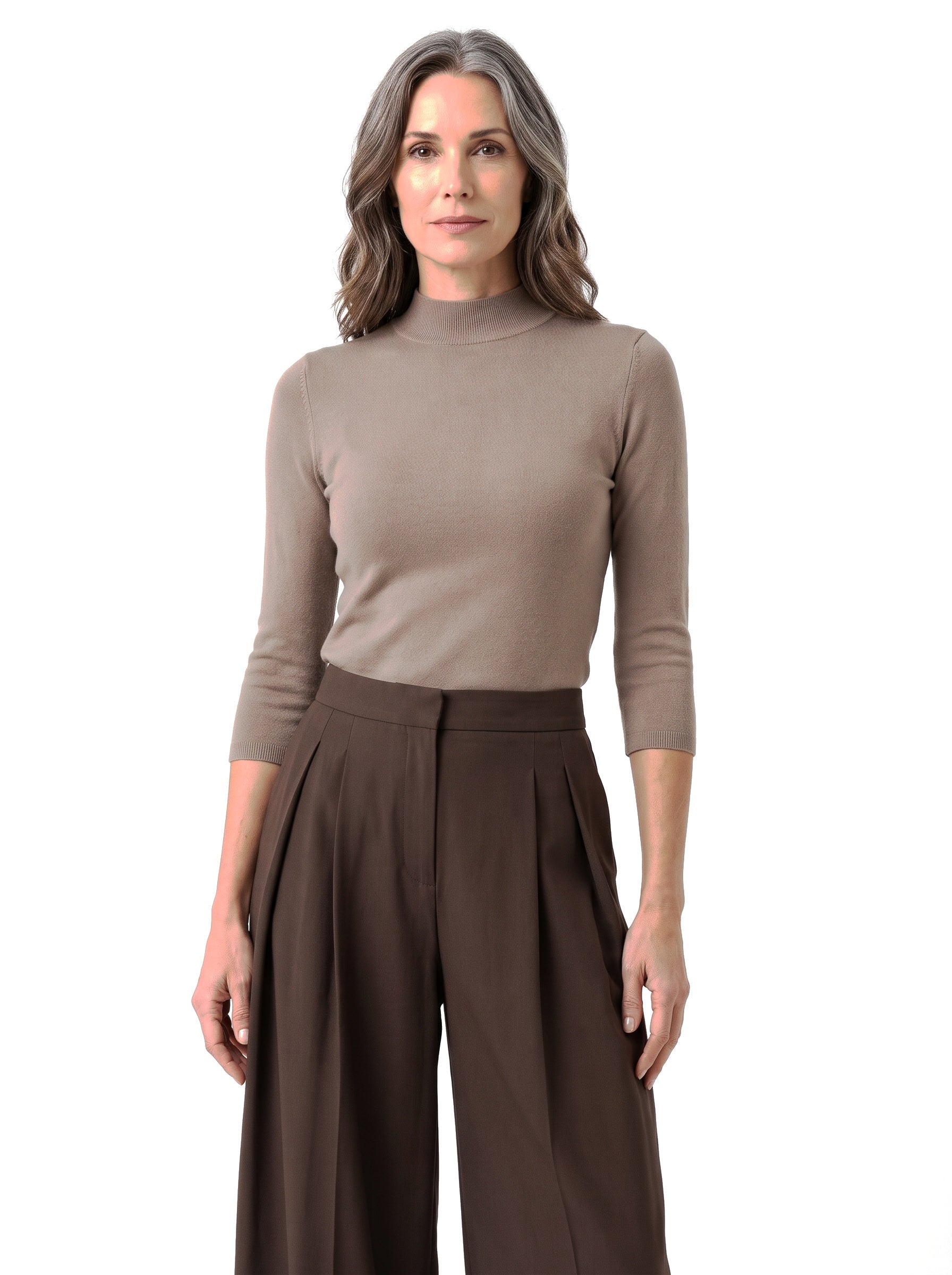 Stella-Annelise women's taupe knit top and brown wide-leg woven trousers two-piece set