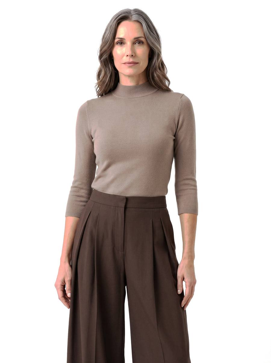 Stella-Annelise women's taupe knit top and brown wide-leg woven trousers two-piece set