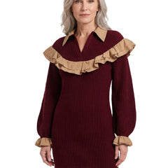 Women's Contrast Ruffle Balloon-Sleeve Sweater Dress in burgundy with camel trim