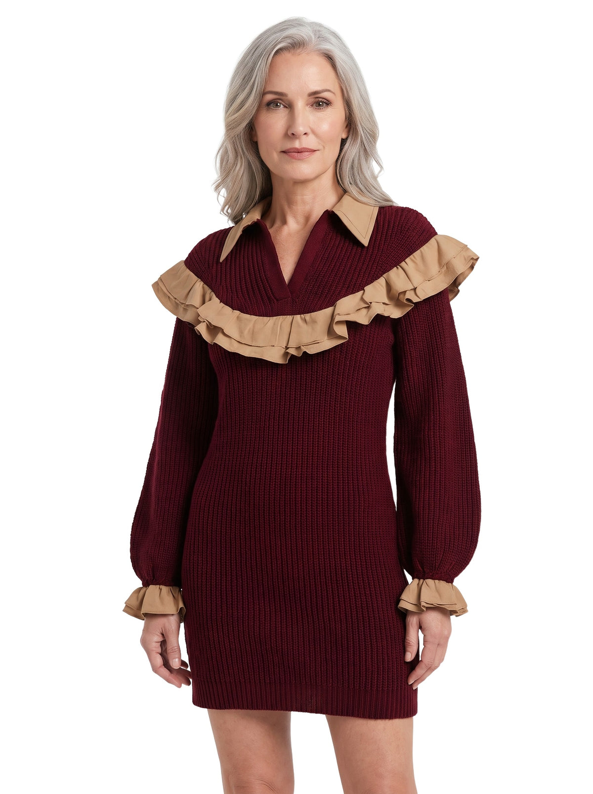 Women's Contrast Ruffle Balloon-Sleeve Sweater Dress in burgundy with camel trim
