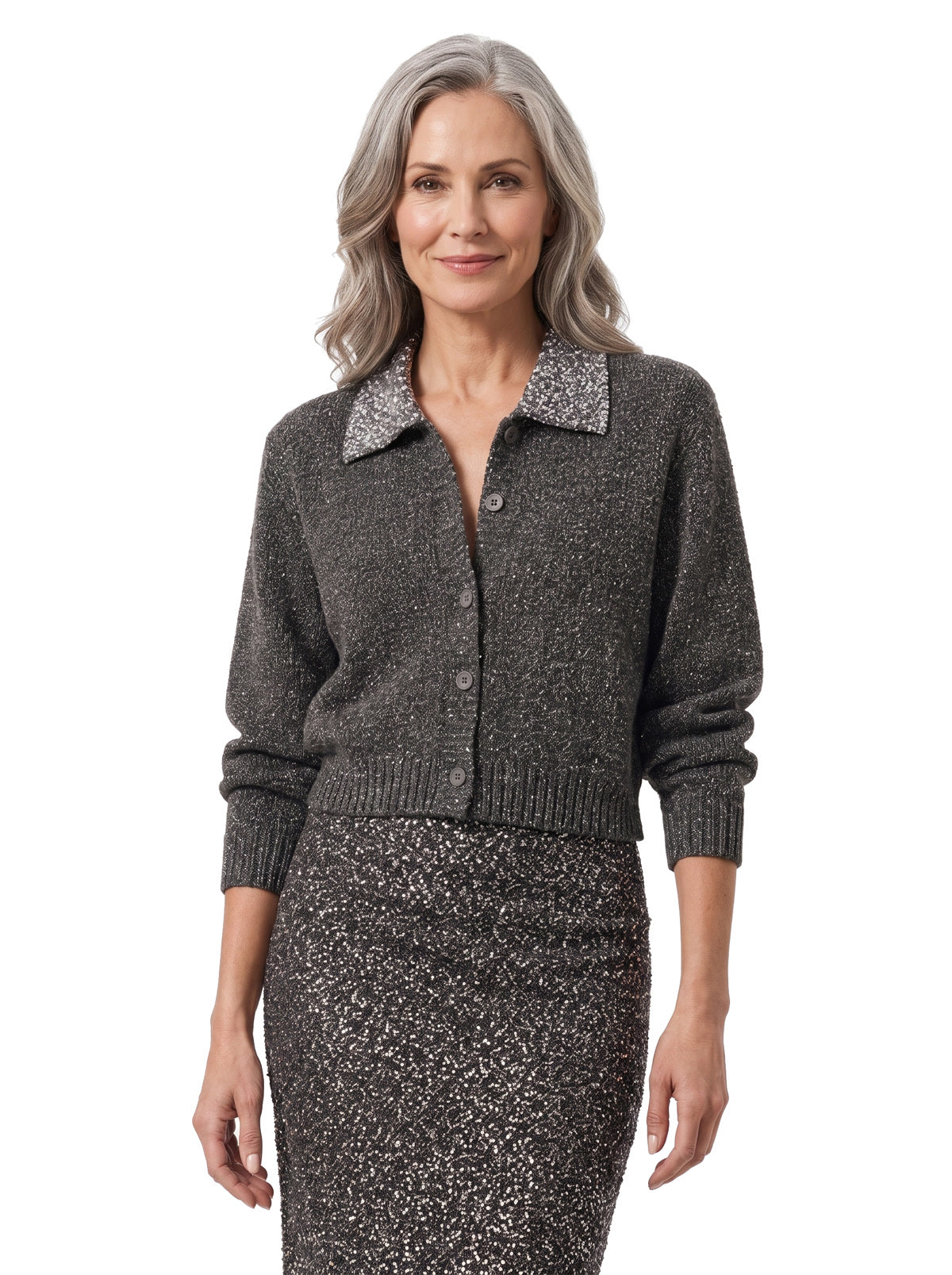 Esther-Patricia Women's Sequin Collar Ribbed Sweater Dress in gray