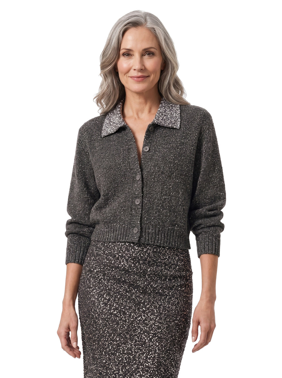 Esther-Patricia Women's Sequin Collar Ribbed Sweater Dress in gray