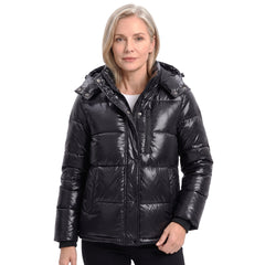 Women's waterproof cropped puffer parka in glossy black, hooded, worn by a model