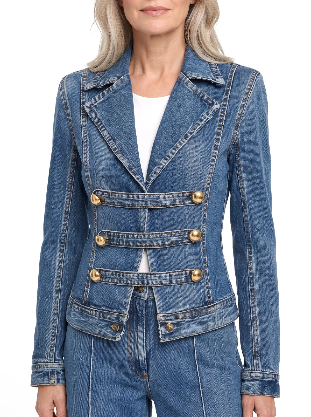 Women's denim military blazer with gold buttons