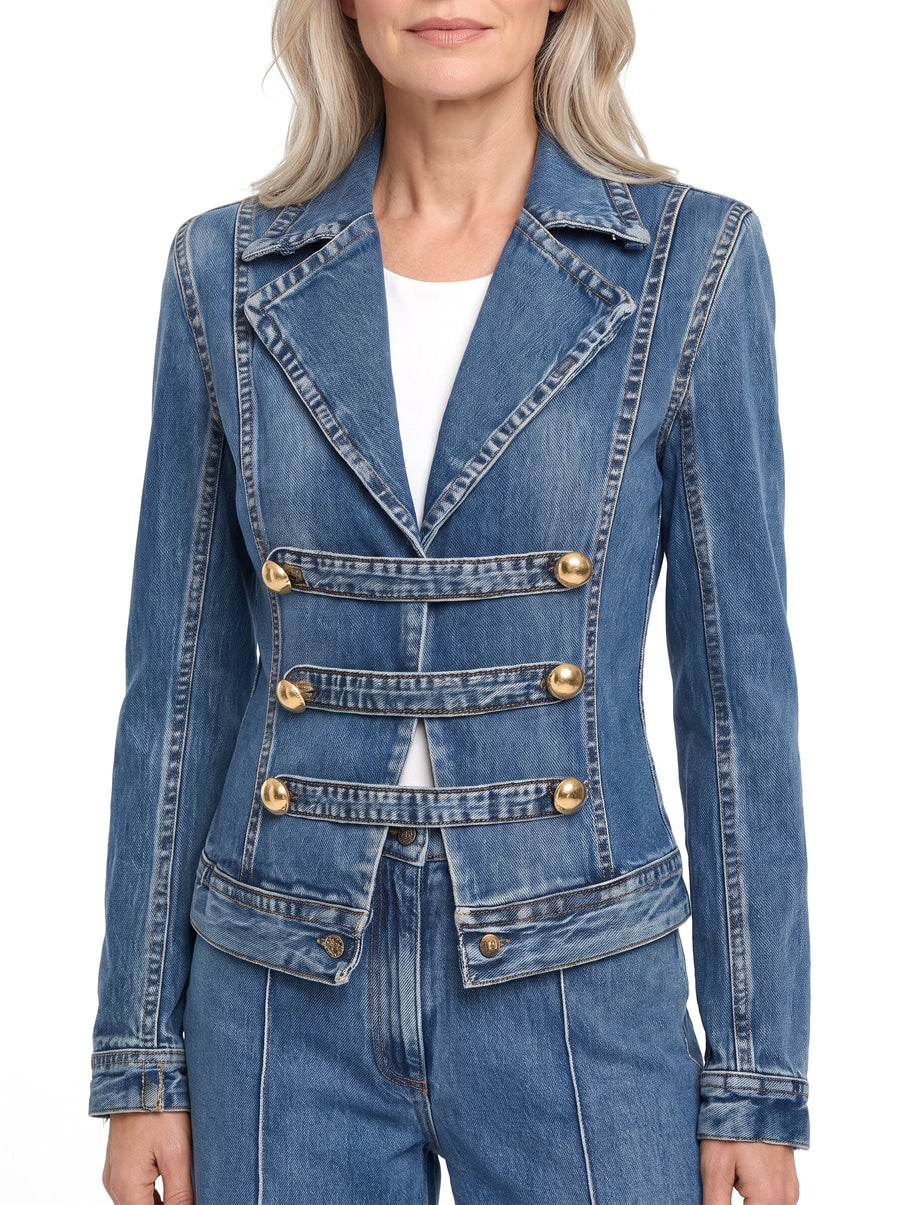 Women's denim military blazer with gold buttons