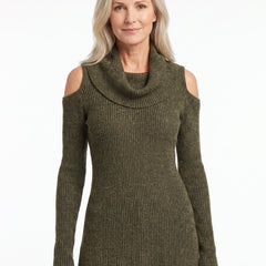 Women's Draped Cowl-Neck Cold-Shoulder Knit Top in olive green
