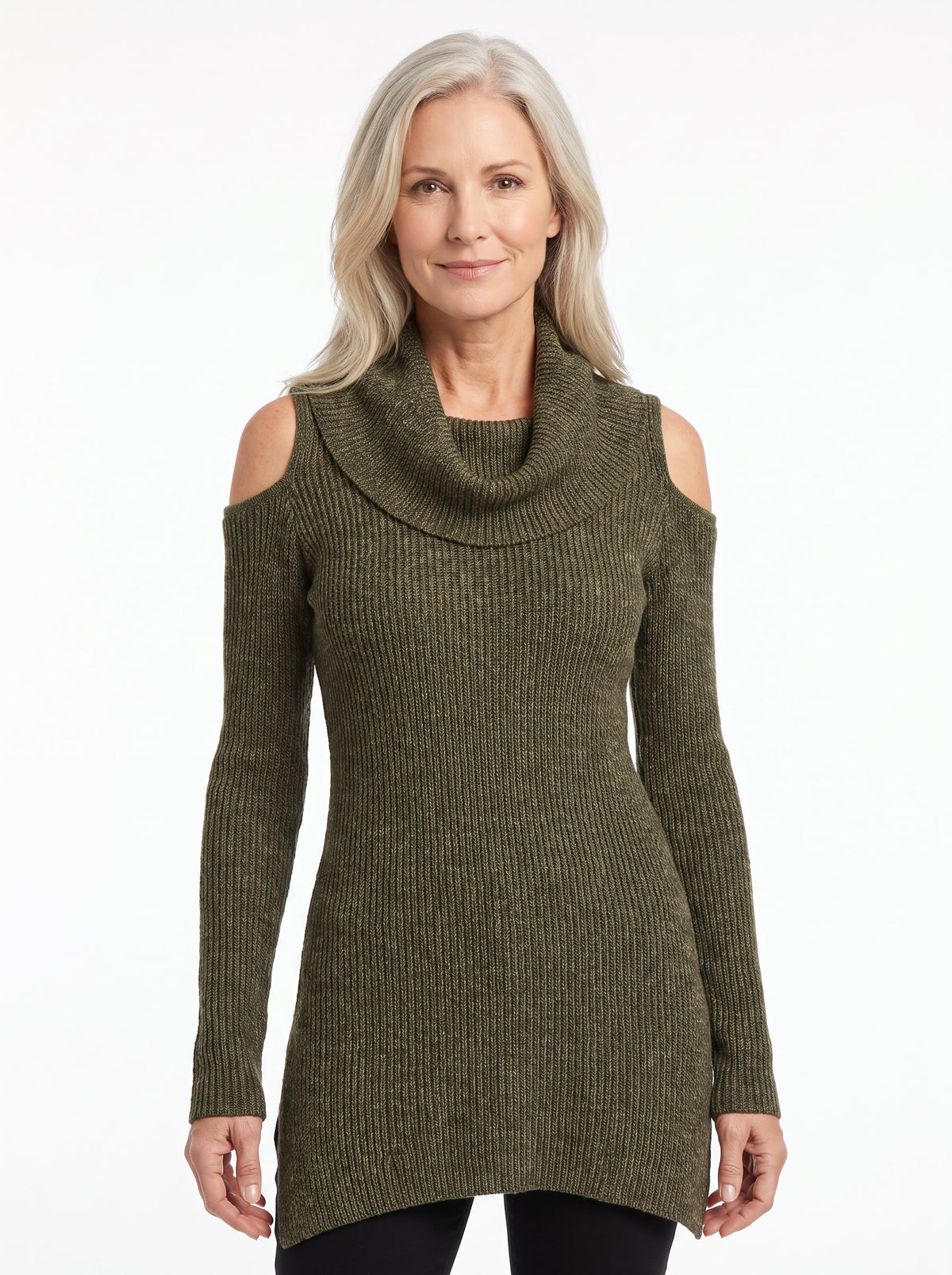 Women's Draped Cowl-Neck Cold-Shoulder Knit Top in olive green