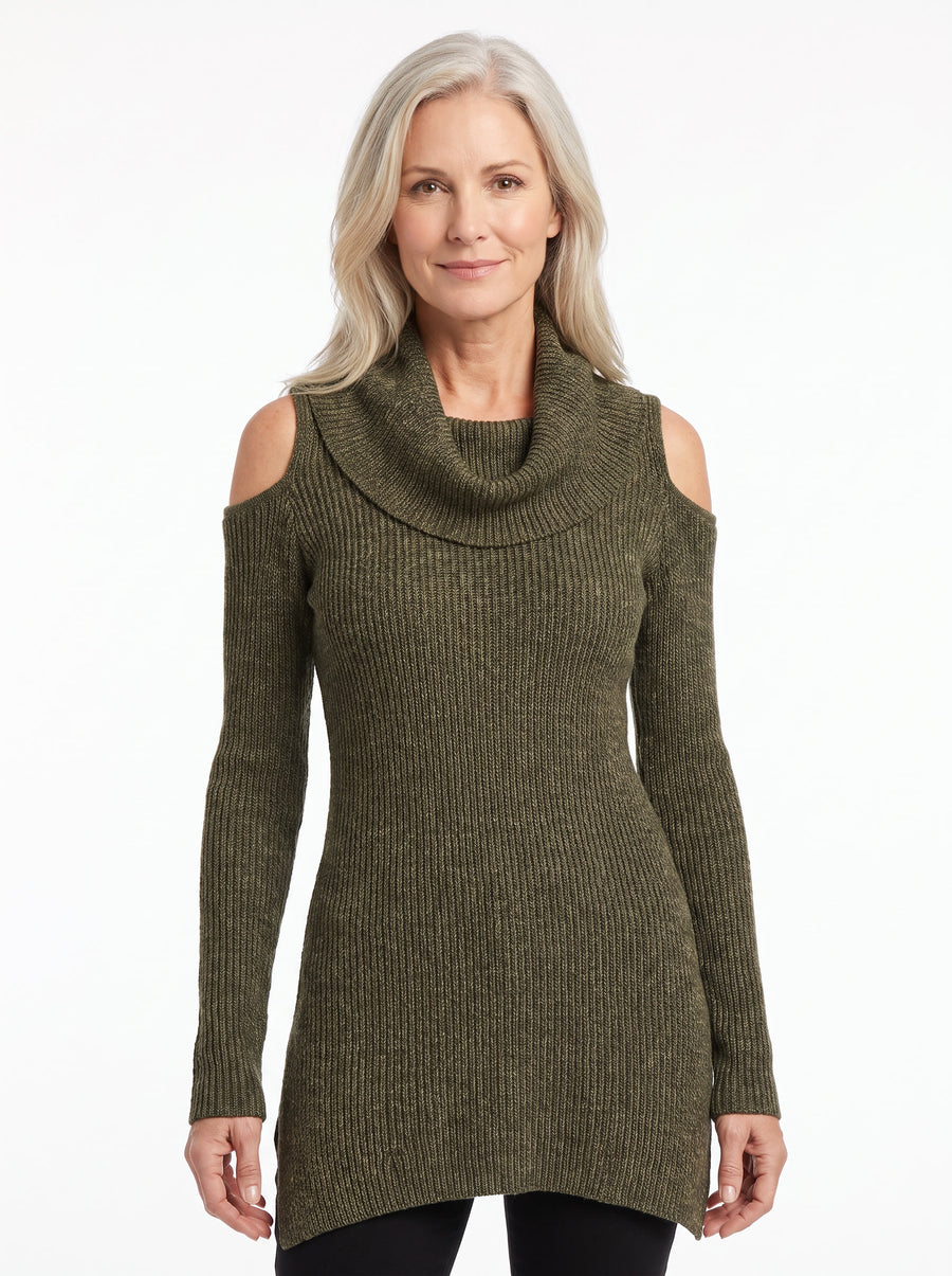 Women's Draped Cowl-Neck Cold-Shoulder Knit Top in olive green