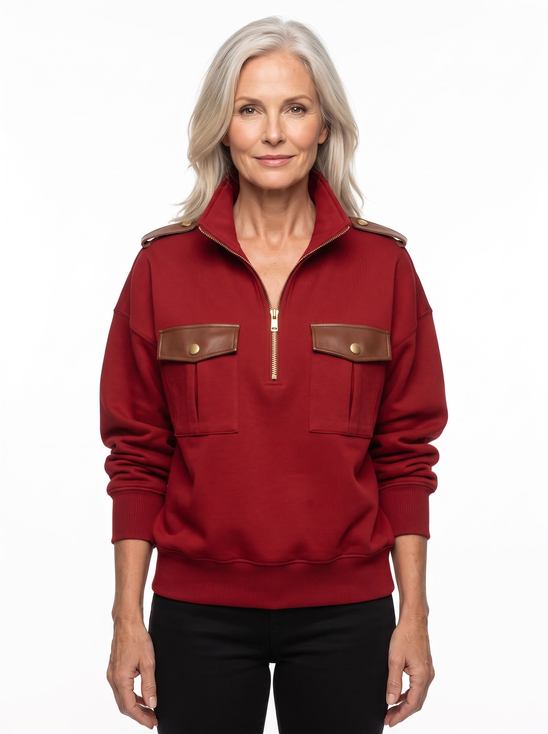 Woman wearing red military-style pullover with PU leather trim
