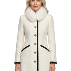 Women's faux fur scarf contrast-trim wool coat in white
