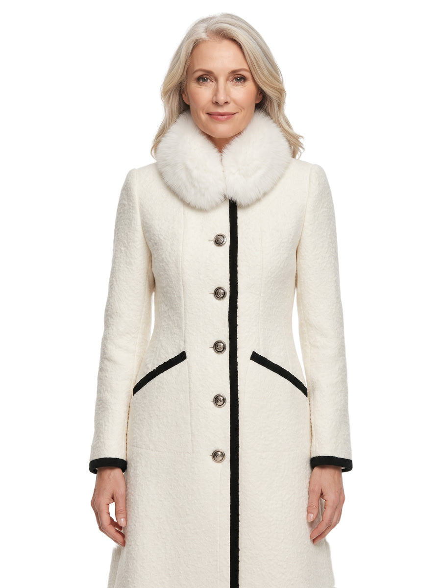 Women's faux fur scarf contrast-trim wool coat in white