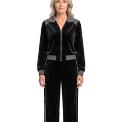 Frances-Veronica women's black velvet contrast-rib zip jacket and wide-leg pants set