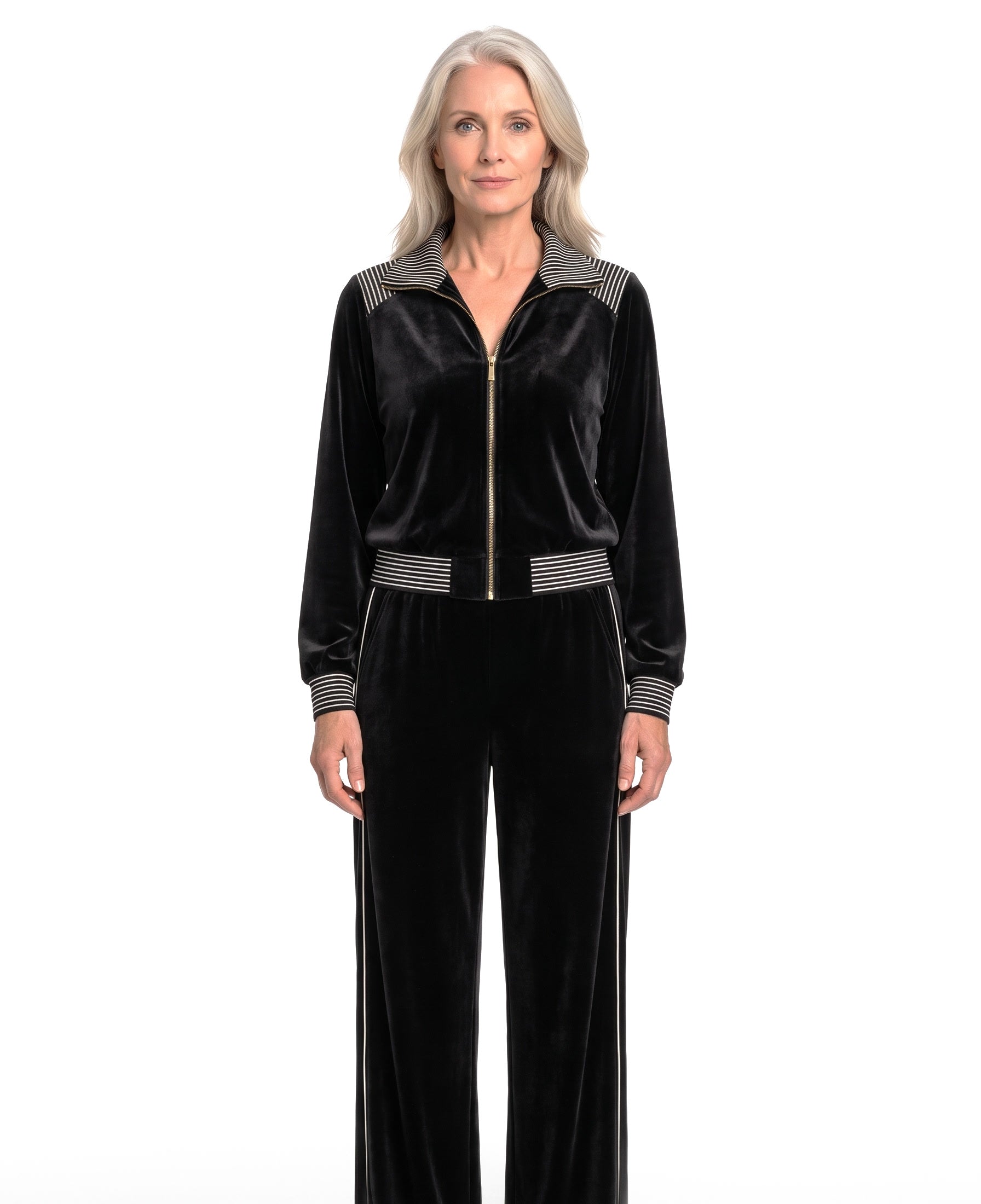 Frances-Veronica women's black velvet contrast-rib zip jacket and wide-leg pants set