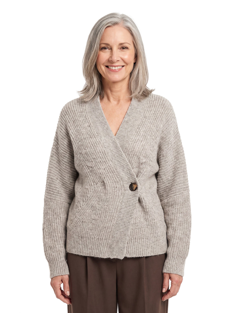 Woman wearing the Patricia-Violet grey wrap V-neck oversized sweater dress