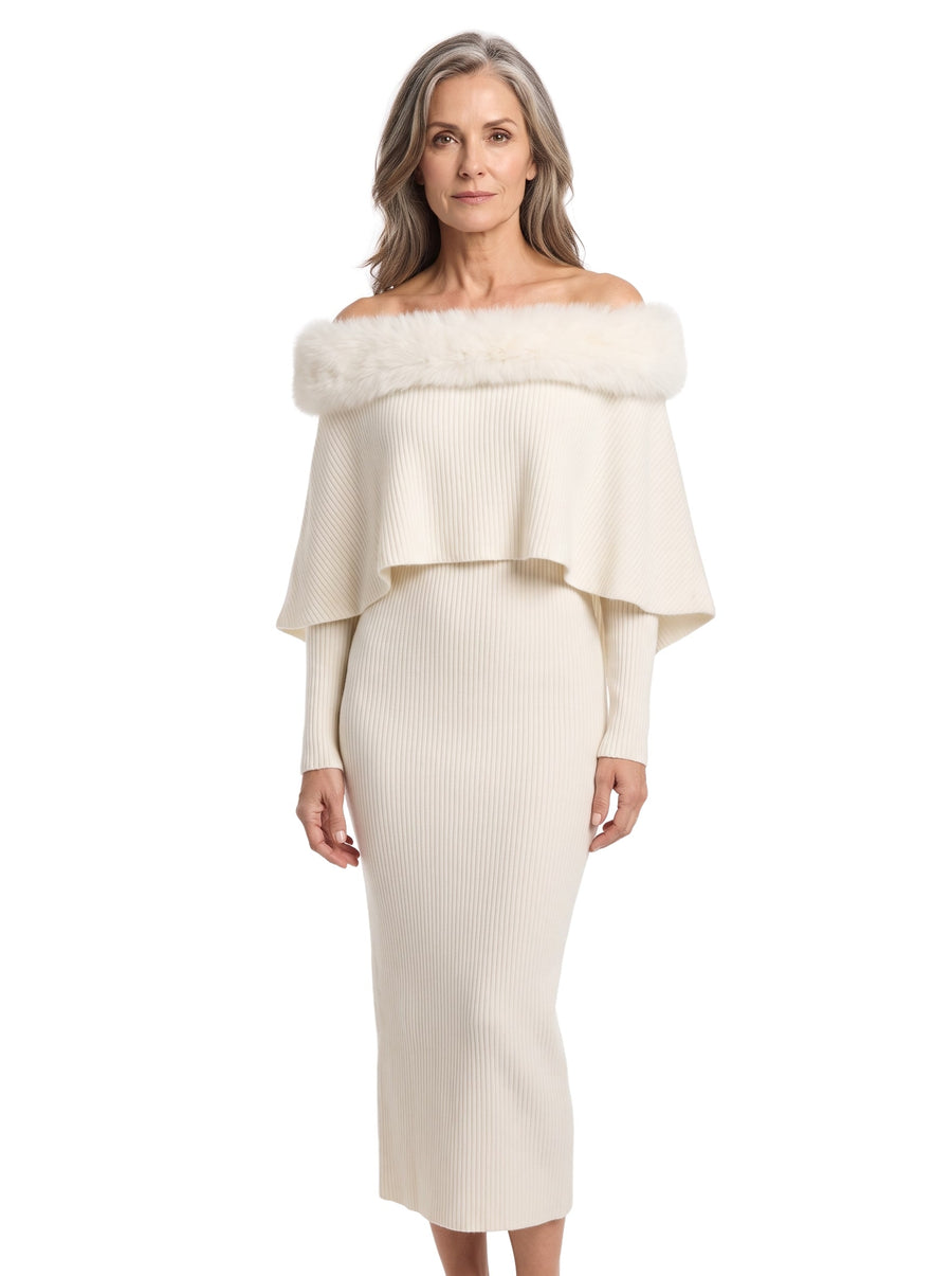 Odette-Olive ivory faux fur trim cape overlay sweater dress
