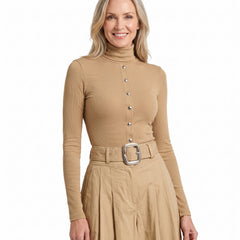 Blanche-Minerva Women's Turtleneck Top and Pleated Skirt Two-Piece Set in khaki