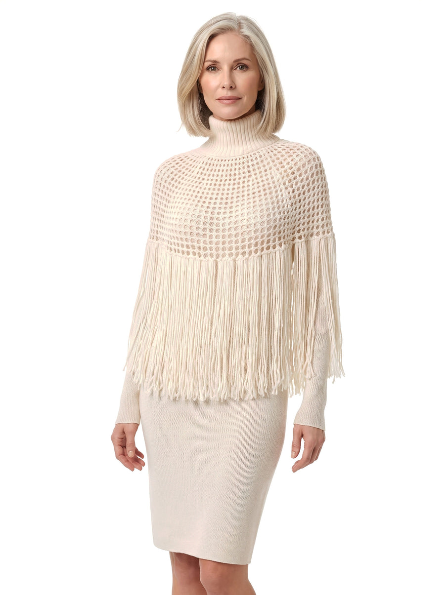Astrid Women's Fringe Cape and Knit Sweater Dress Set in ivory