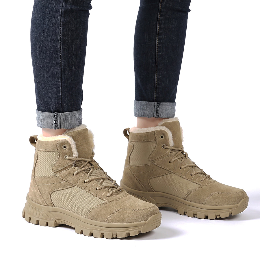 Delia Women's Fleece-Lined Trail Boots in tan, worn close-up on white background