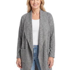 Woman wearing grey open front longline cardigan with pockets