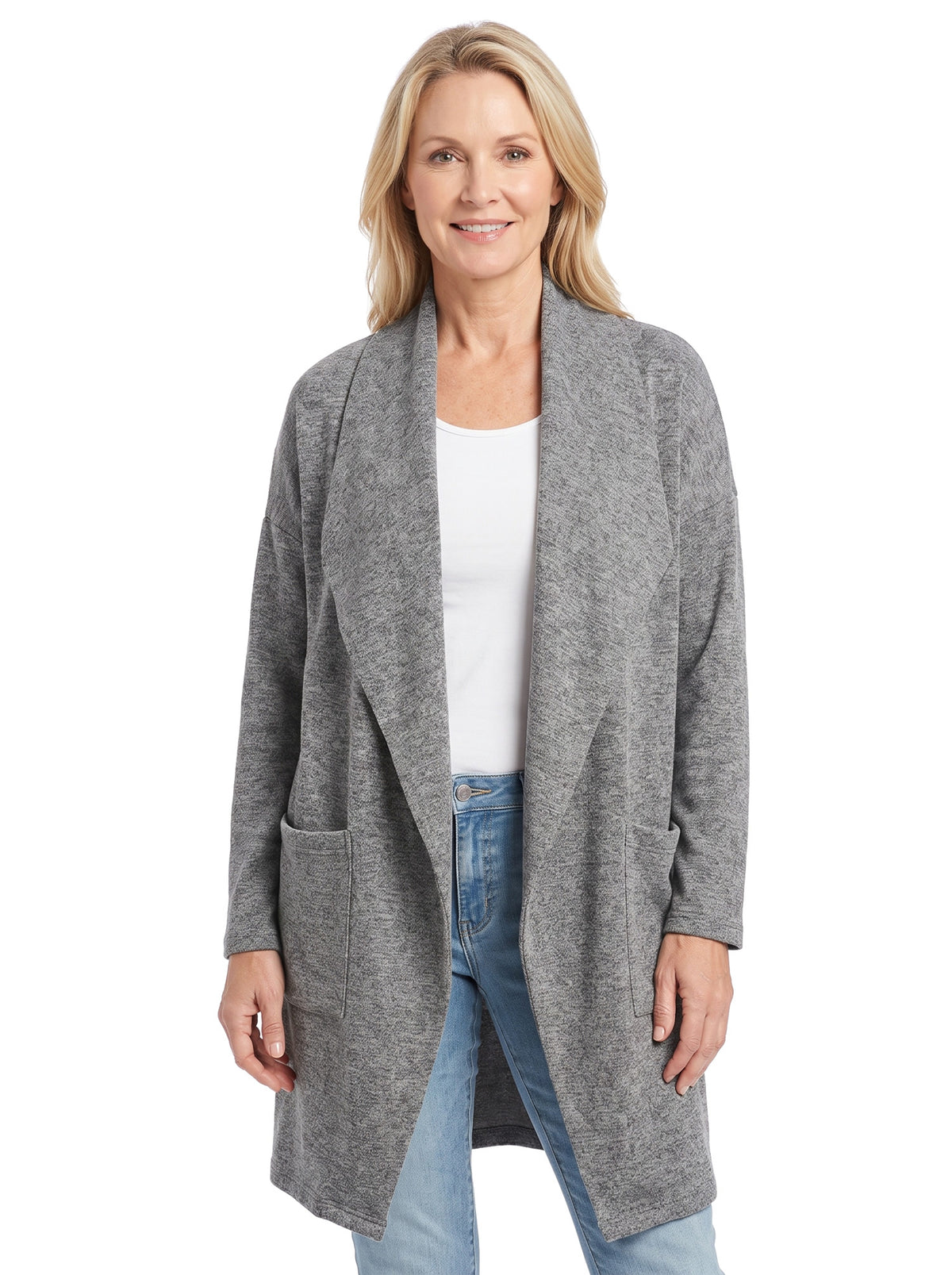 Woman wearing grey open front longline cardigan with pockets