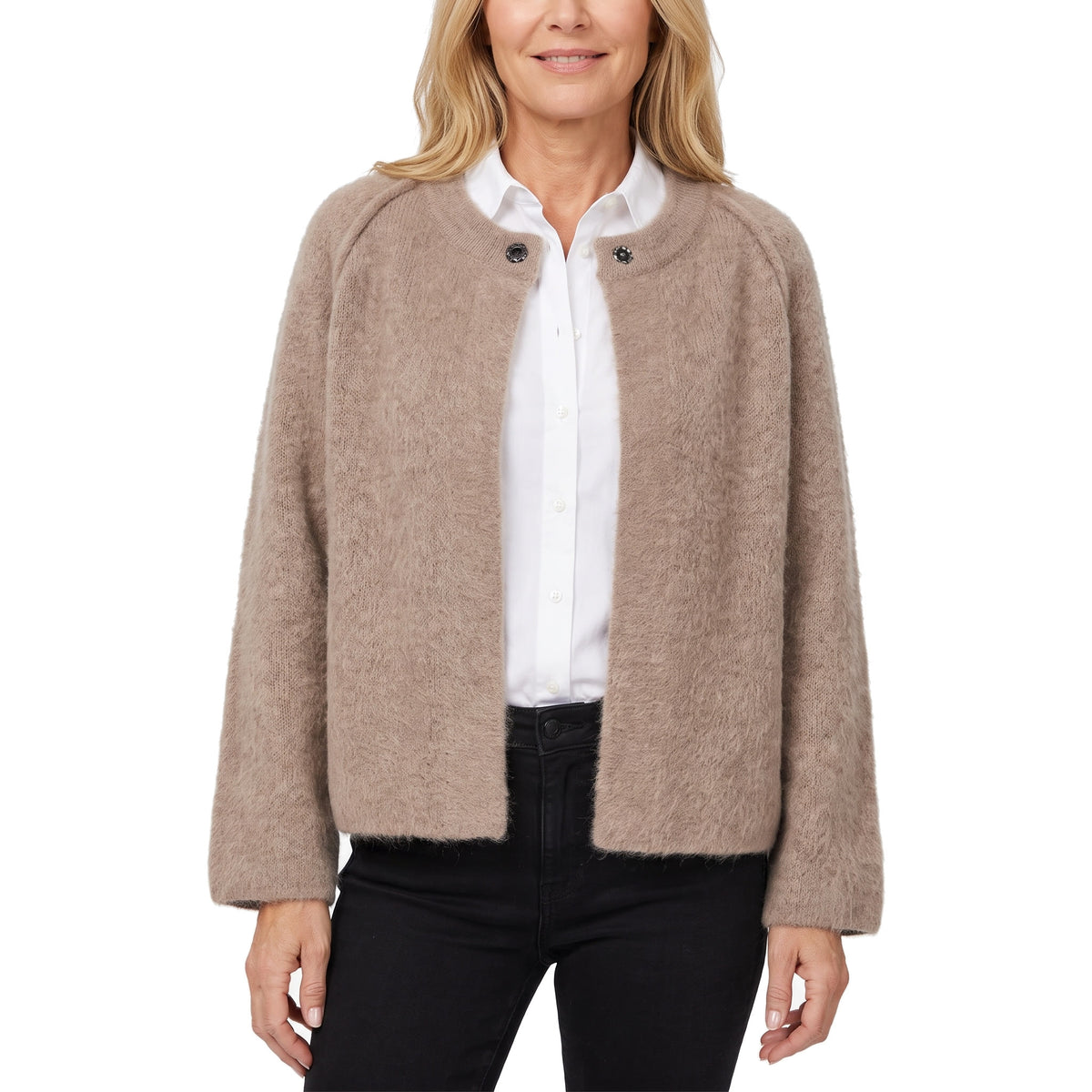 Valerie-Irene Women's Round-Neck Trench Coat in beige worn by a model on a white background