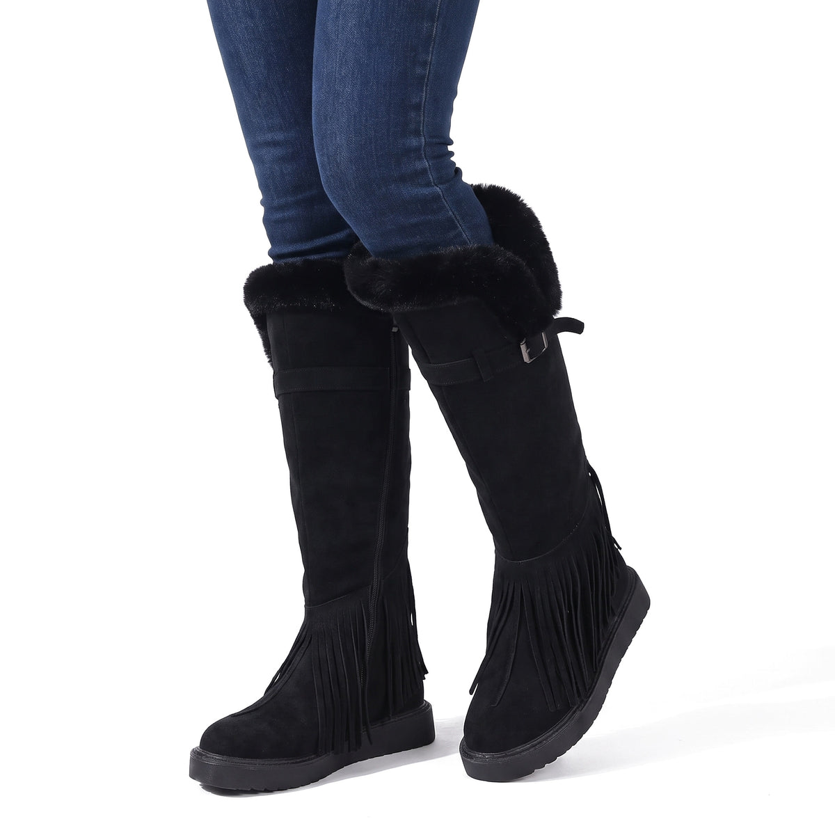 Cordelia-Clara Women's Plush Knee-High Winter Boots in black suede with fur cuff and tassel fringe