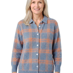Woman wearing the Verna-Leonora cozy knit button-front cardigan in blue orange plaid