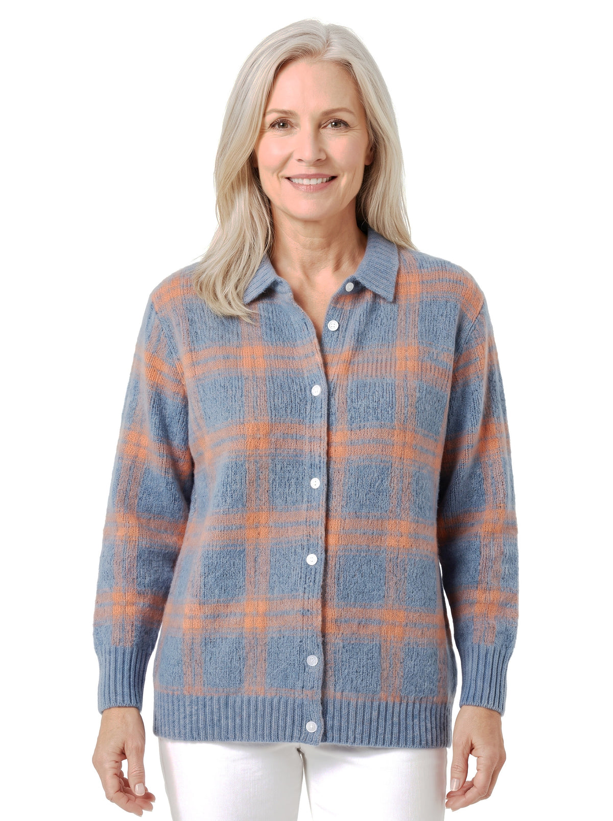Woman wearing the Verna-Leonora cozy knit button-front cardigan in blue orange plaid
