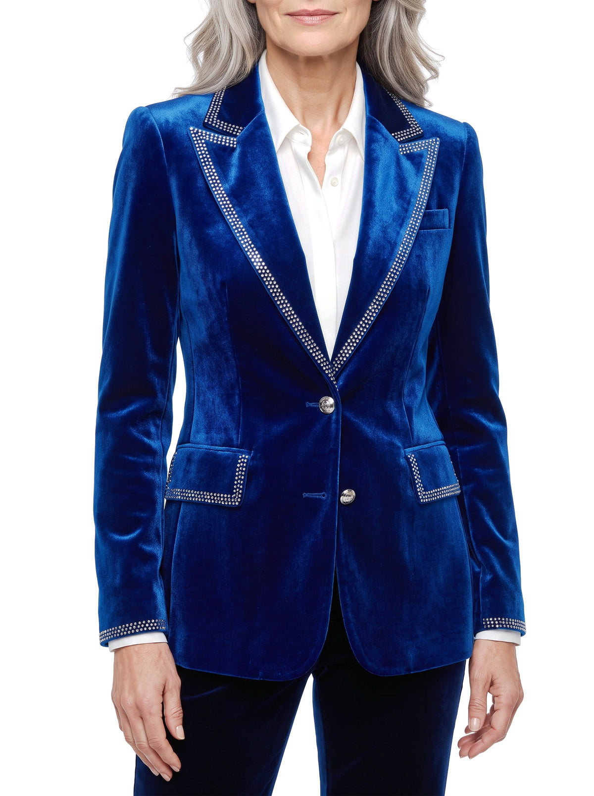Tamara-Colette Women's Rhinestone-Trimmed Velvet Blazer in royal blue