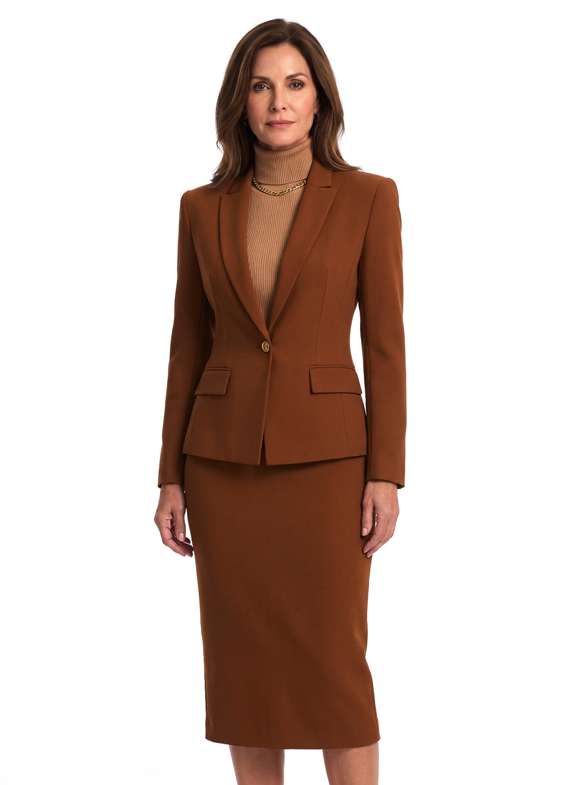 Katharine-Georgia Women's Notched Lapel Blazer and Skirt Two-Piece Set in cognac brown