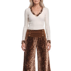 Women's knit henley top and leopard velvet wide-leg pants set