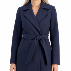 Women's belted trench coat with wide lapel collar in navy
