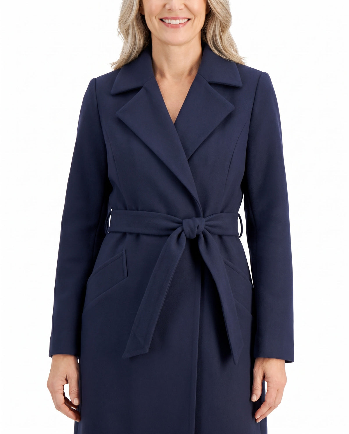 Women's belted trench coat with wide lapel collar in navy