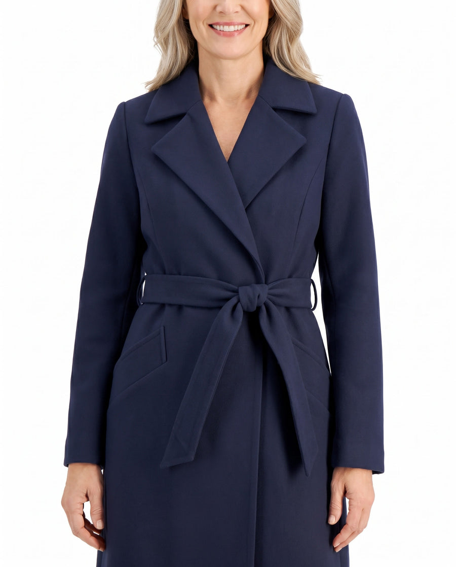 Women's belted trench coat with wide lapel collar in navy