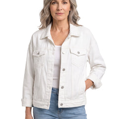 Beatrix-Iris Women's Relaxed Wool-Blend Jacket in white worn by a model on a white background