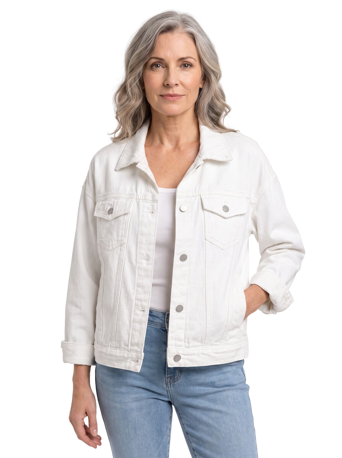 Beatrix-Iris Women's Relaxed Wool-Blend Jacket in white worn by a model on a white background