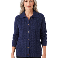 Woman wearing the Minerva-Ingrid navy cable knit shawl-collar cardigan