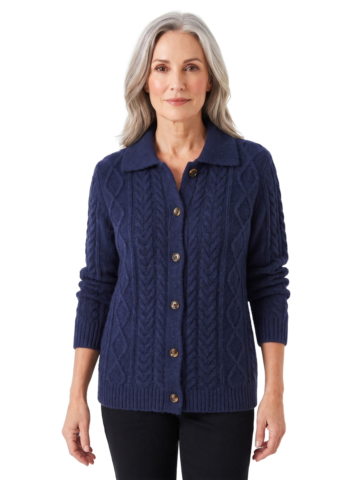 Woman wearing the Minerva-Ingrid navy cable knit shawl-collar cardigan