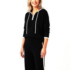 Petra-Delia women's hooded knit lounge set with wide-leg pants in black