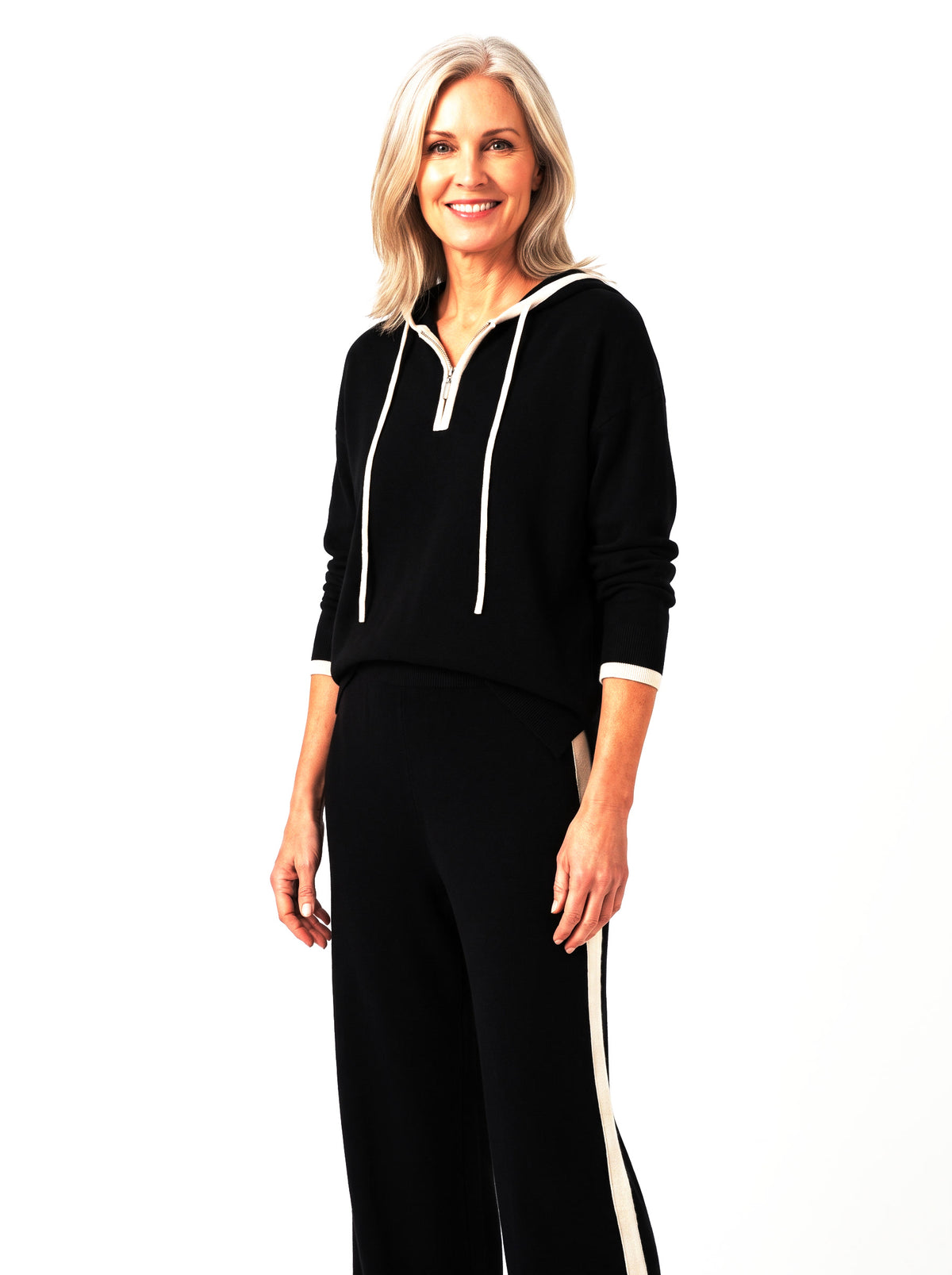 Petra-Delia women's hooded knit lounge set with wide-leg pants in black