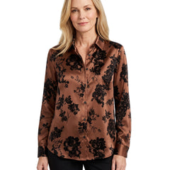 Women's satin floral jacquard blouse in coffee brown