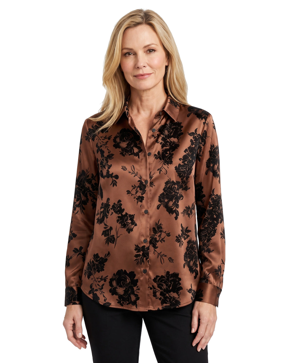 Women's satin floral jacquard blouse in coffee brown