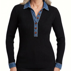 Estelle Women's Denim-Trim Ribbed Sweater with Shirt Collar in Black