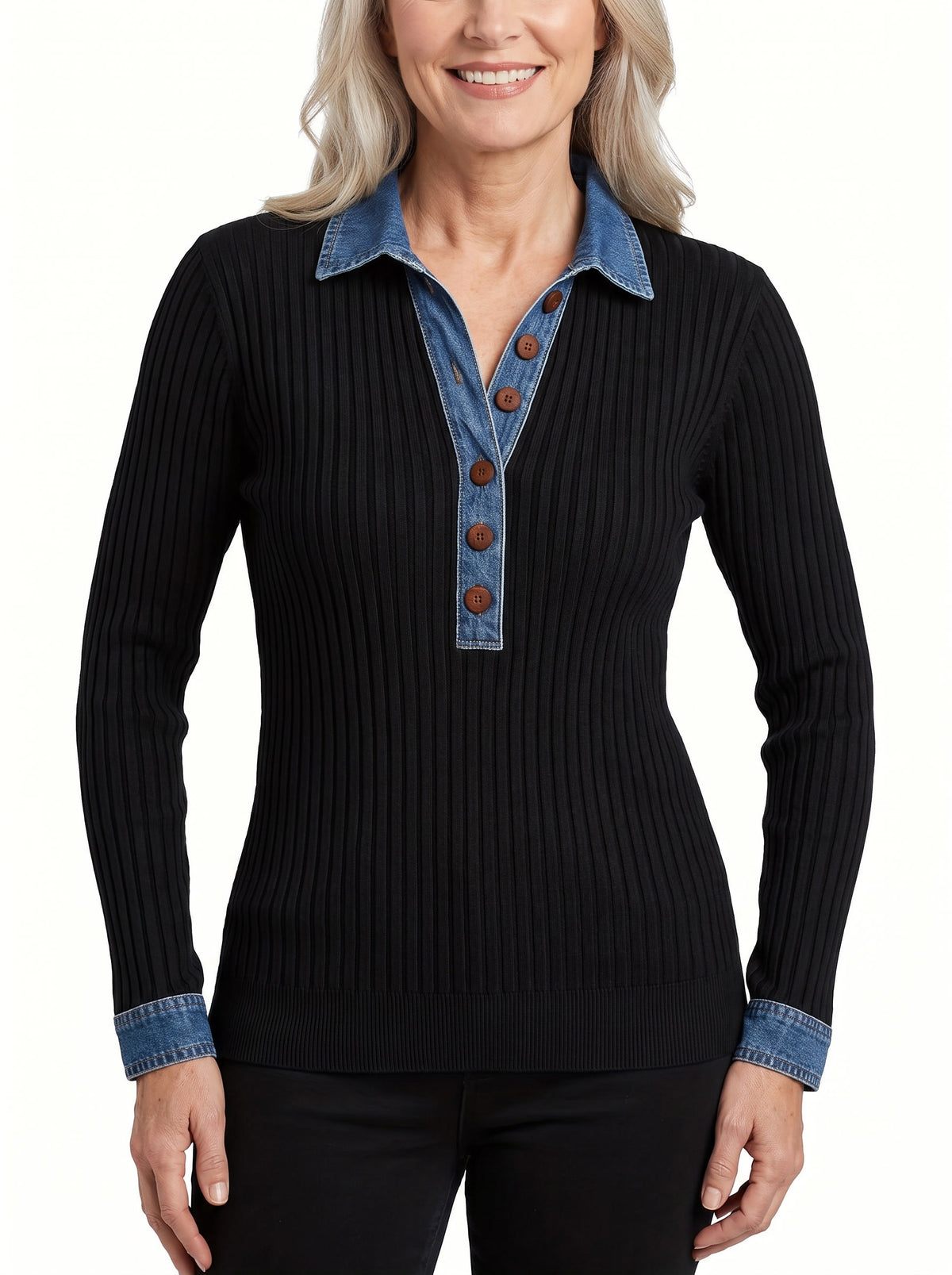 Estelle Women's Denim-Trim Ribbed Sweater with Shirt Collar in Black