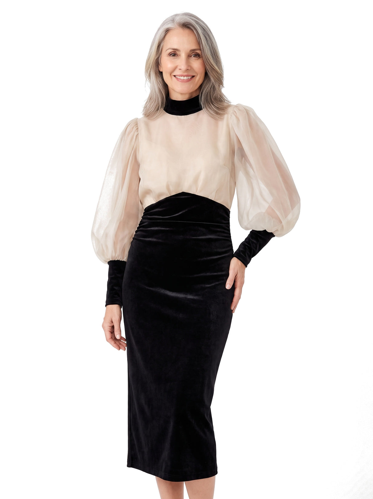 Frida Women's Sheer-Sleeve Velvet Midi Dress