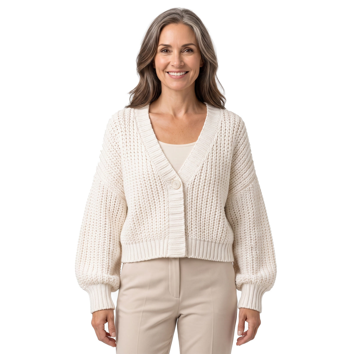 Hazel Women's Chunky V-Neck Cardigan in cream worn by a model