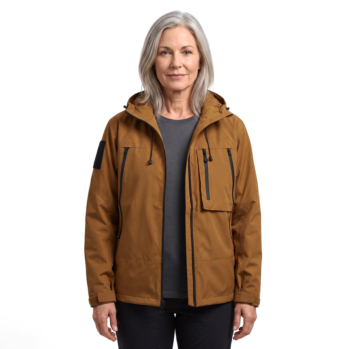 Pauline-Alba Women's Hooded Shell Jacket with Contrast Pocket in Brown