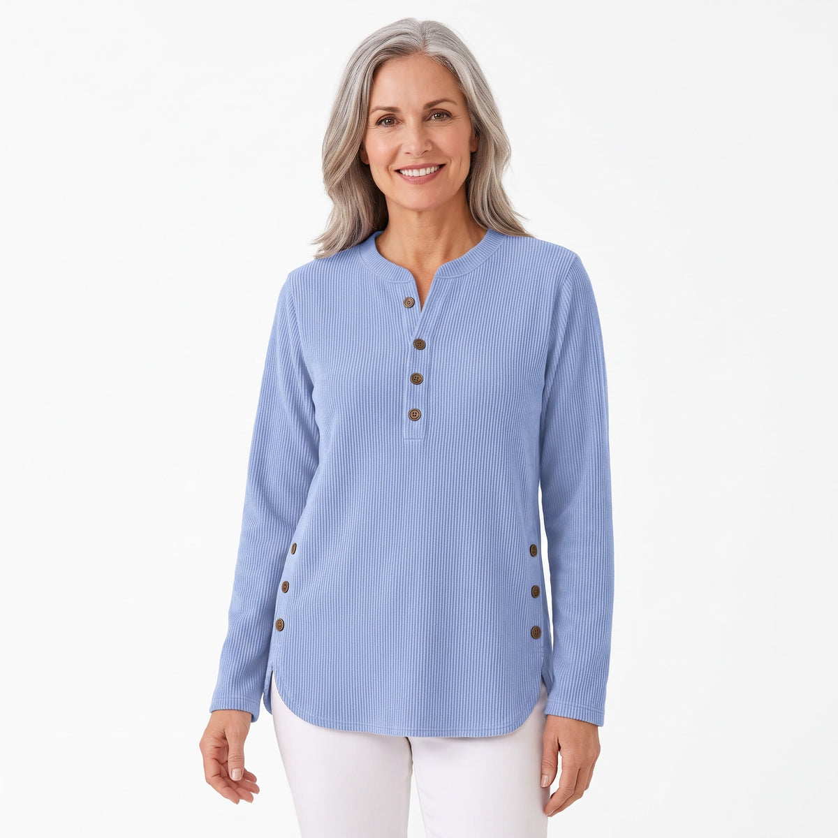 Evelina-Sabine Women's Corduroy Henley Side-Button Tunic in Blue